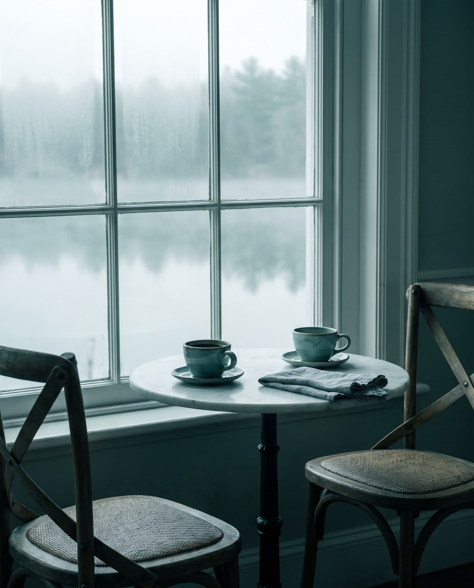 Runder Marmortisch mit zwei Kaffeetassen an einem Fenster, draußen nebliges Wasser, zwei leere Holzstühle